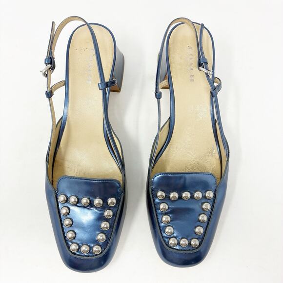 Coach Patent Leather Metallic Blue Studded Block Heel Sling Back Mules 8 - Picture 4 of 7